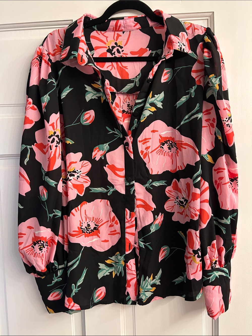 Floral Button-Front Blouse - Pink on Black